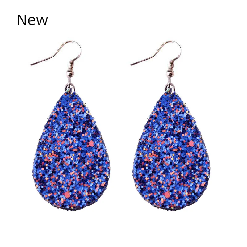 

2020 New Mini Style Glitter Teardrop Leather Earrings for Women Fashion Designer Jewelry Cute Blue Water Drop Earrings Wholesale