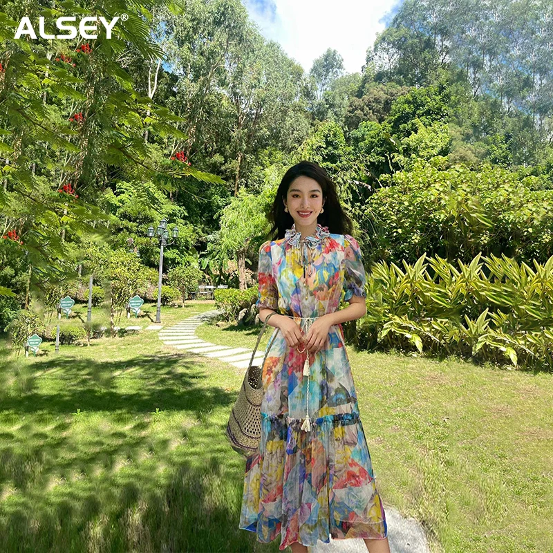 

High-quality Silk Women's Dresses Casual Slim Colorful Printed Flowers Tie Belt Fashion Designer Clothing Spring Summer A02470