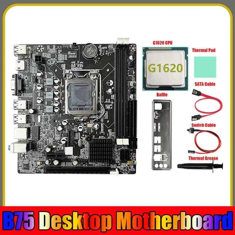 

B75 Motherboard+G1620 CPU+SATA Cable+Switch Cable+Baffle LGA1155 DDR3 PCB Black For 2X8G For I3 I5 I7 Series Pentium Celeron CPU