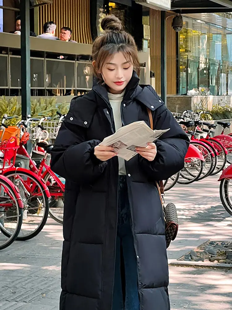 

Vielleicht 2022 Корейская куртка женская зимняя X-длинная парка однотонная плотная теплая женская зимняя одежда с капюшоном пальто мягкая свободная одежда