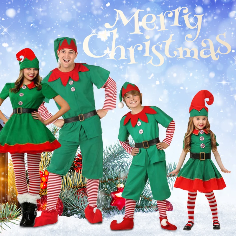 

Костюмы Санта-Клауса для косплея для детей, девочек, мальчиков, зеленый эльф, косплей, Рождественское украшение, реквизит, новый год, комплект одежды, Рождество