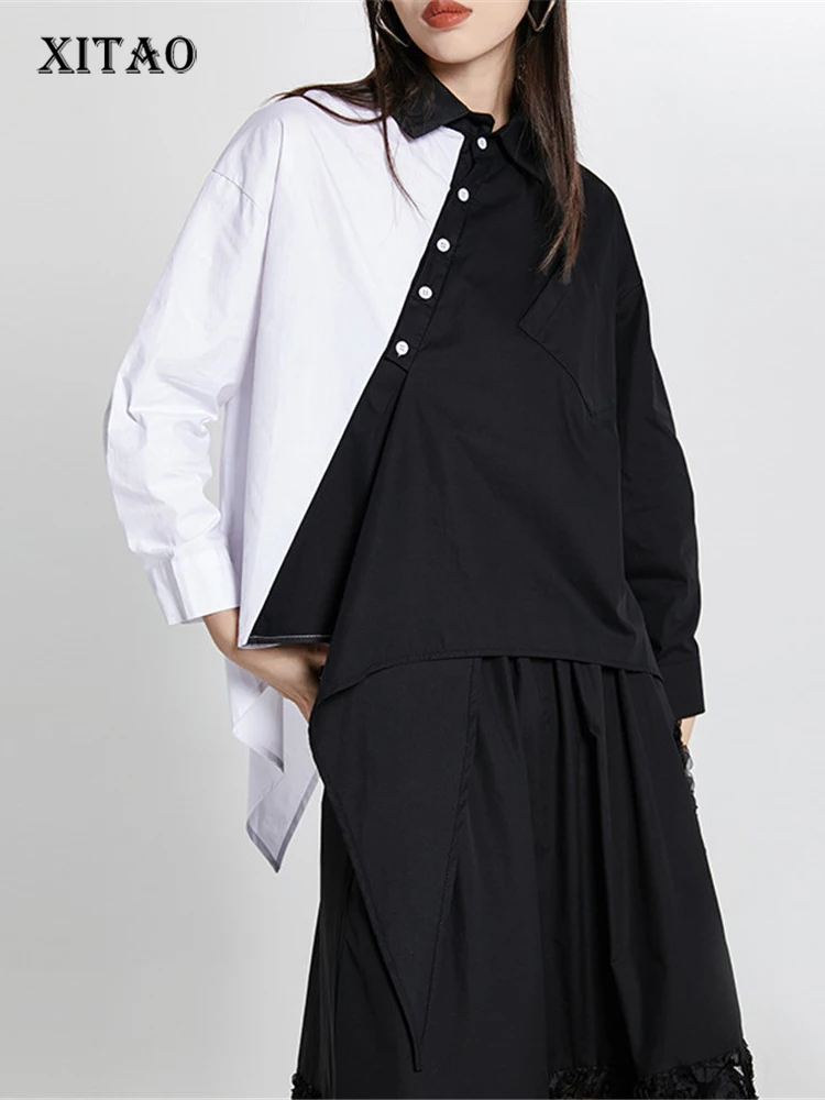 

XITAO Irregular Blouse Fashion Single Breast Patchwork Small Fresh Pleated Full Sleeve 2022 Minority Elegant Loose Shirt WMD5647