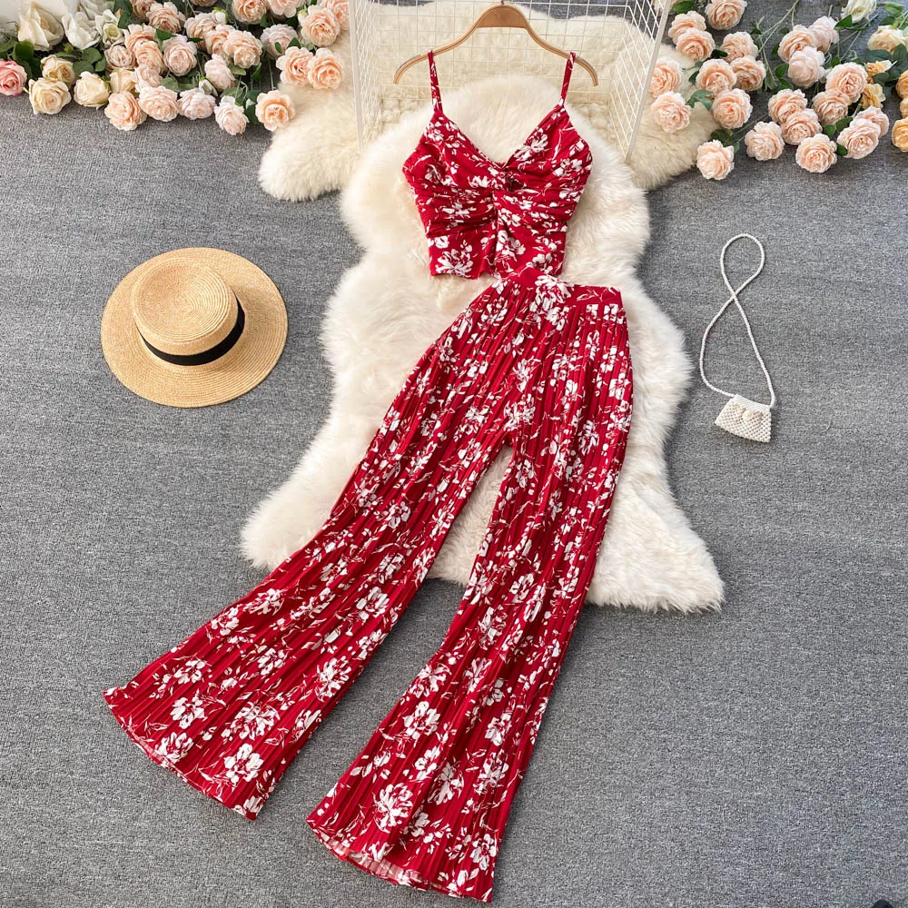 

Summer Women Sexy Printed Two Piece Set Beach Female Strap Camis Tops + Draped Wide Leg Pants Black/Red/Blue/Yellow Suits New