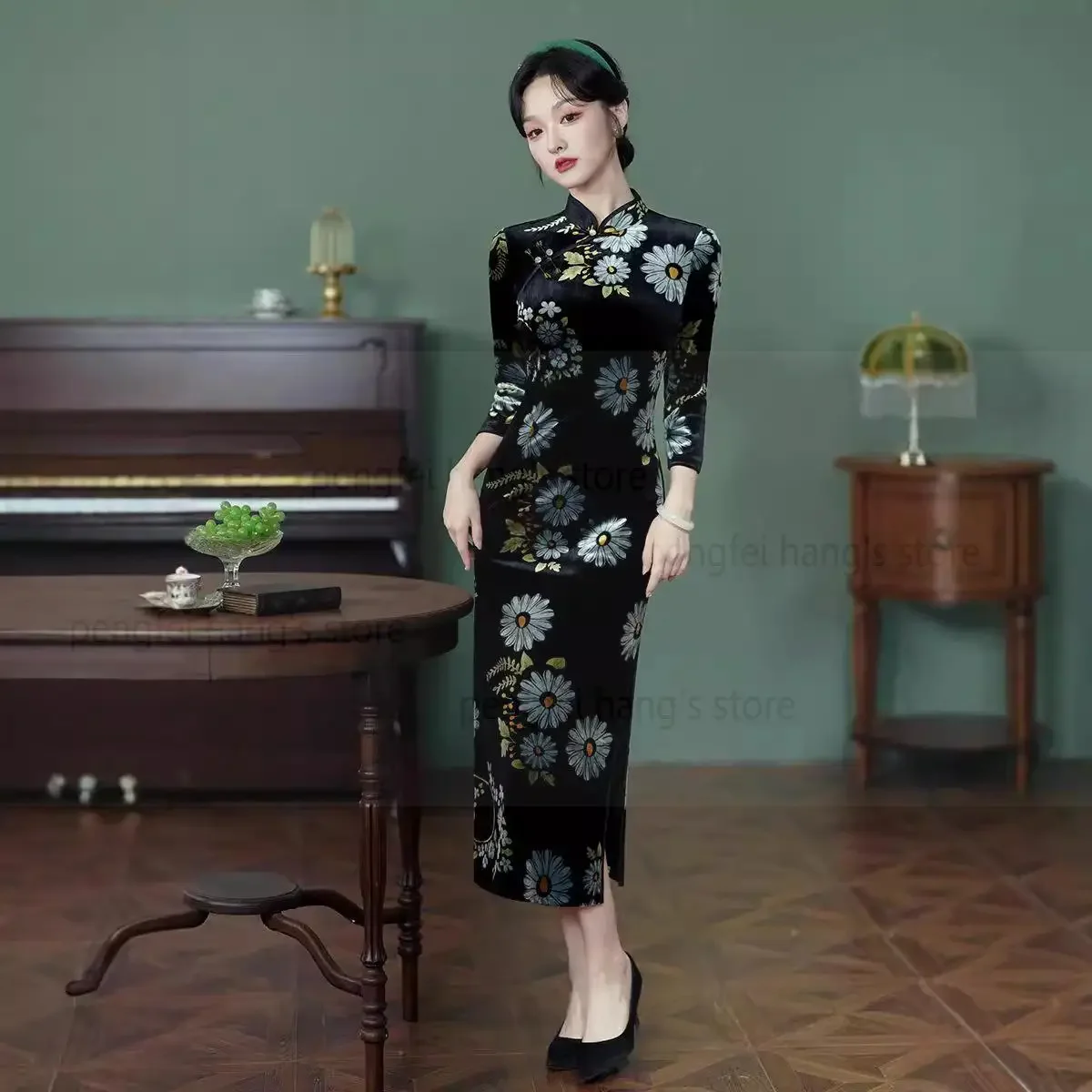 Женское элегантное зимнее теплое велюровое платье Ципао традиционное с