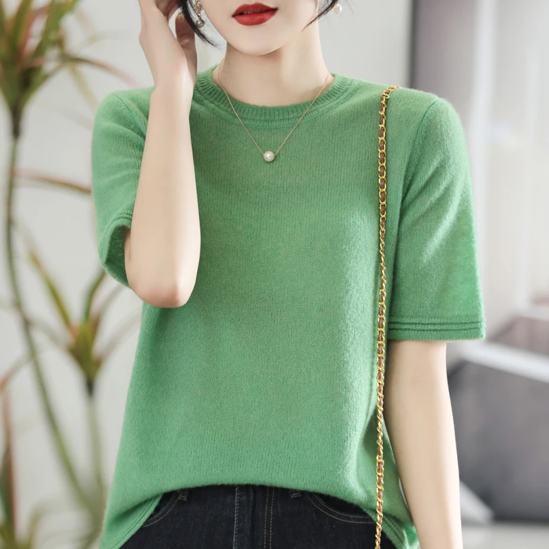 100% Cashmere T-shirt Women's Round Neck Knit Pullover Short Sleeve Summer New Thin Tank Top Fashion Luxury Top Tees