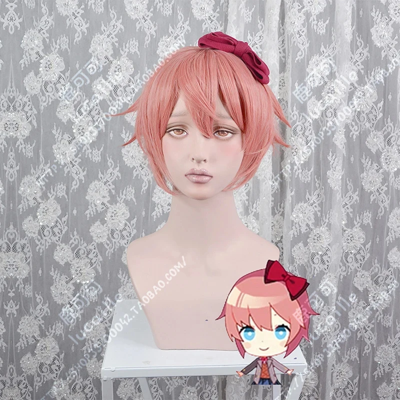 Фото Высококачественный парик для косплея Сайори из Doki Literature Club, короткий, розовый, термостойкий, синтетический, Anim6,b'8\j'7/ №3