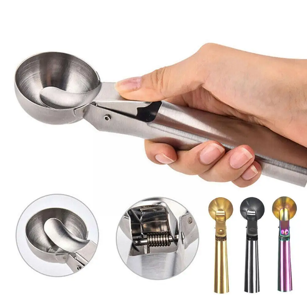 

Stainless Steel Ice Cream Scoop With Trigger Ice Cream Ice Ball Non-stick Maker Tool Cream Ice Spoon Watermelon Digger Frui W6N7