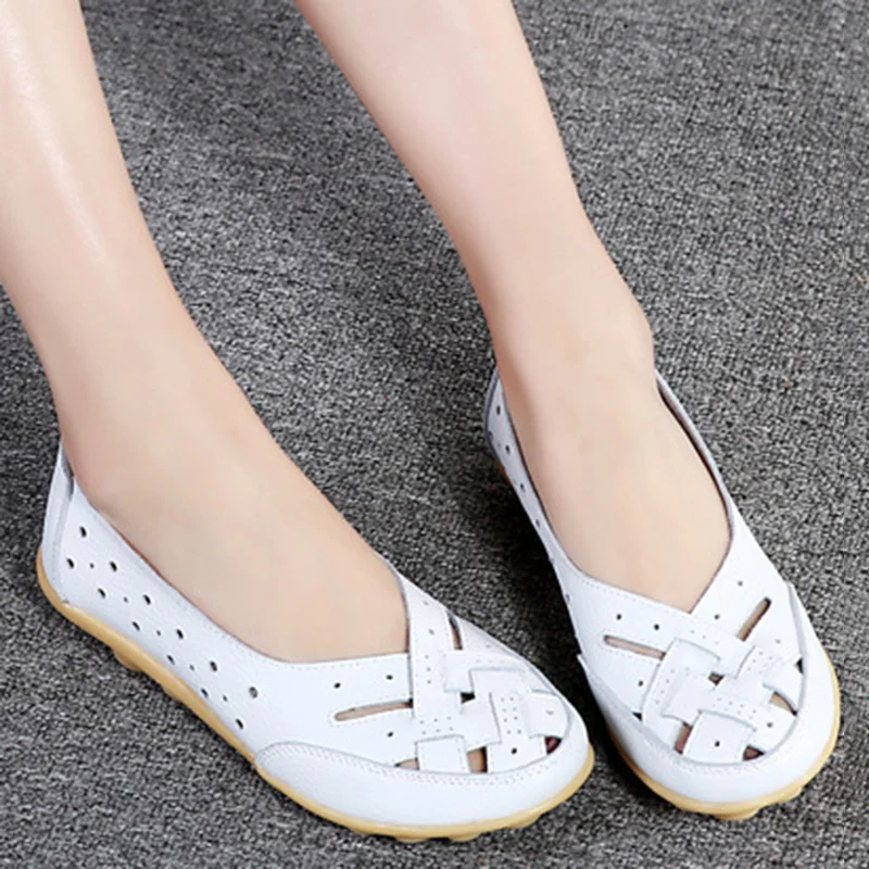 Spring Women's Flat Shoes Loafers Hollow Flat Shoes Women's Genuine Leather Shoes Women's Casual Moccasin Plus Size 35-44