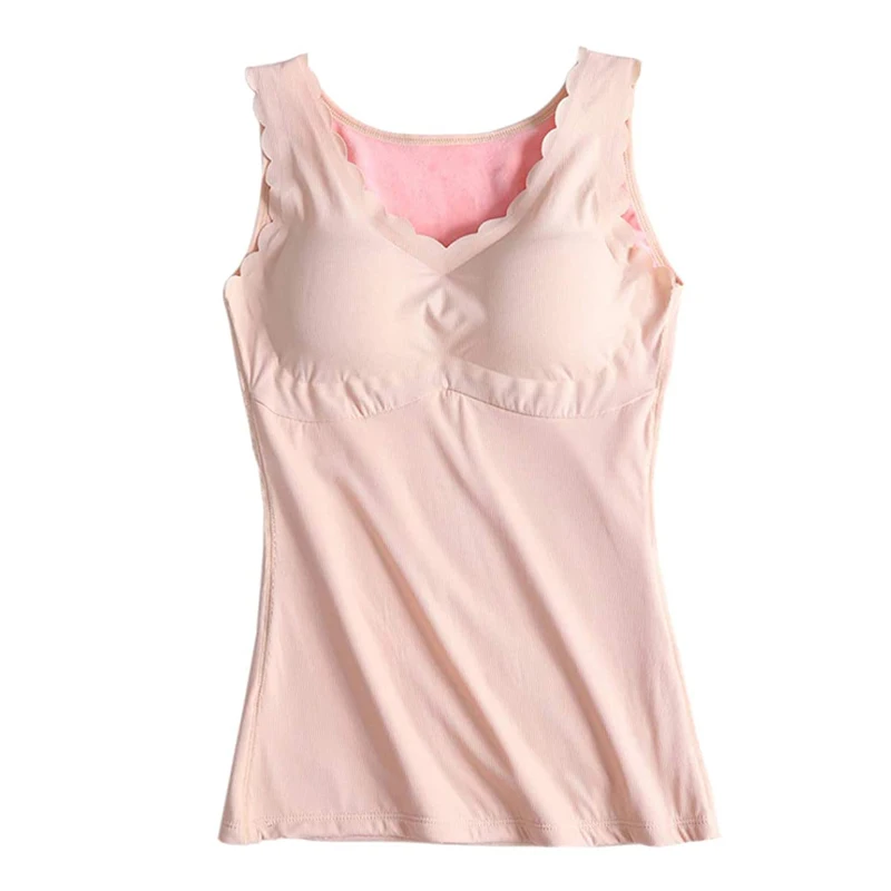 Women's V-Neck Fleece Lined Tank Top Thermal Underwear Built-in Bra Camisole Vest Winter Clothes Thermal Shirt Camiseta Termica