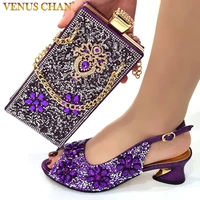 new arrival popular full diamond style in nigeria italian design elegant d purple color ladies shoes and bag for party wedding