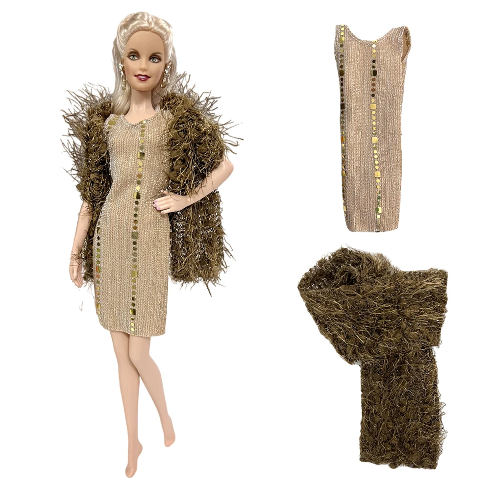 NK Official 2 Items/Set Outfit Brown Plush Scarf +Fashion Dress Party Modern Clothes for Barbie Doll Accessories Toys