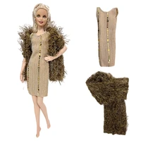 nk official 2 itemsset outfit brown plush scarf fashion dress party modern clothes for barbie doll accessories toys