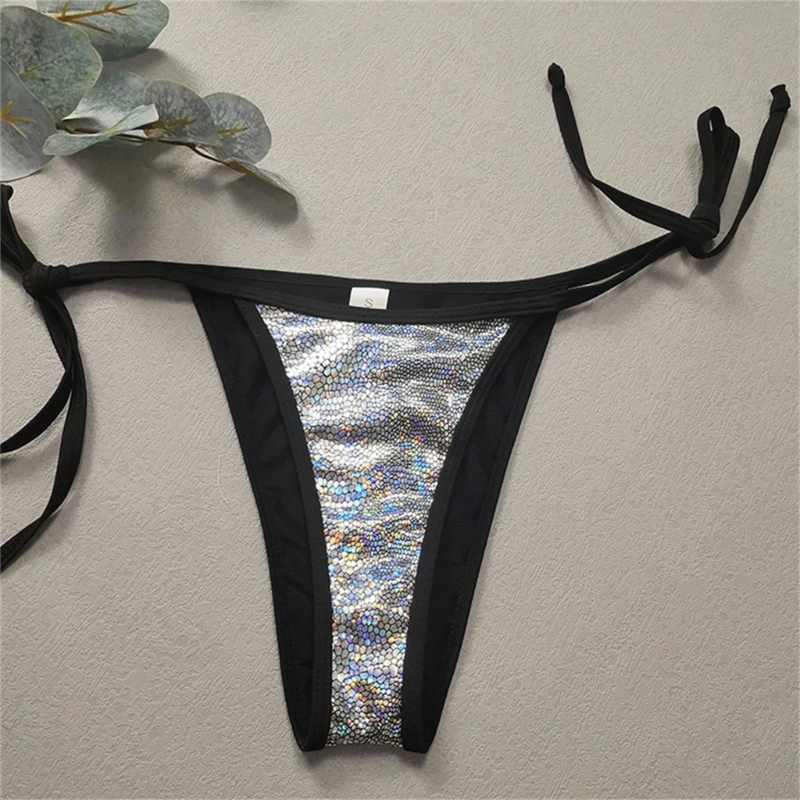 

E8BF Halter Bikini Set Backless Swimwear 2 Pieces Metallic Swimsuit Beachwear Tie Side Triangle-Bathing Suit for Women Female
