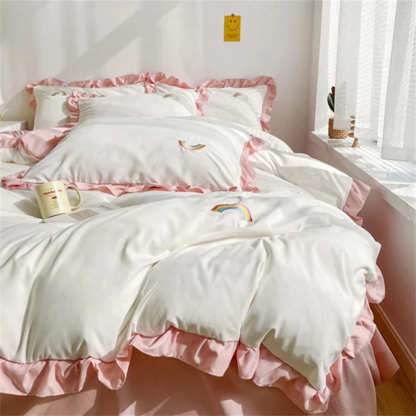 

Princess Girl Bedding Set Cute Ruffle Lace Duvet Cover Bed Sheet Pillowcase Cute Kawaii Embroidery Cartoon Quilt Cover 240x220