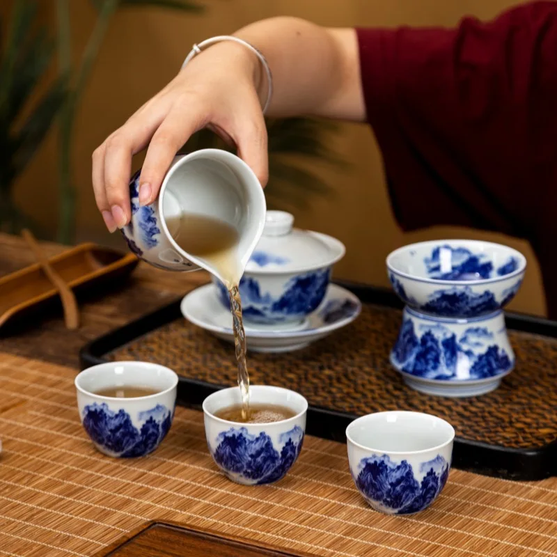 Jingdezhen Qitang Blue and White Porcelain Thousand-Li Landscape Ceramic Tea Set Suit Household High-Grade Living Room Office