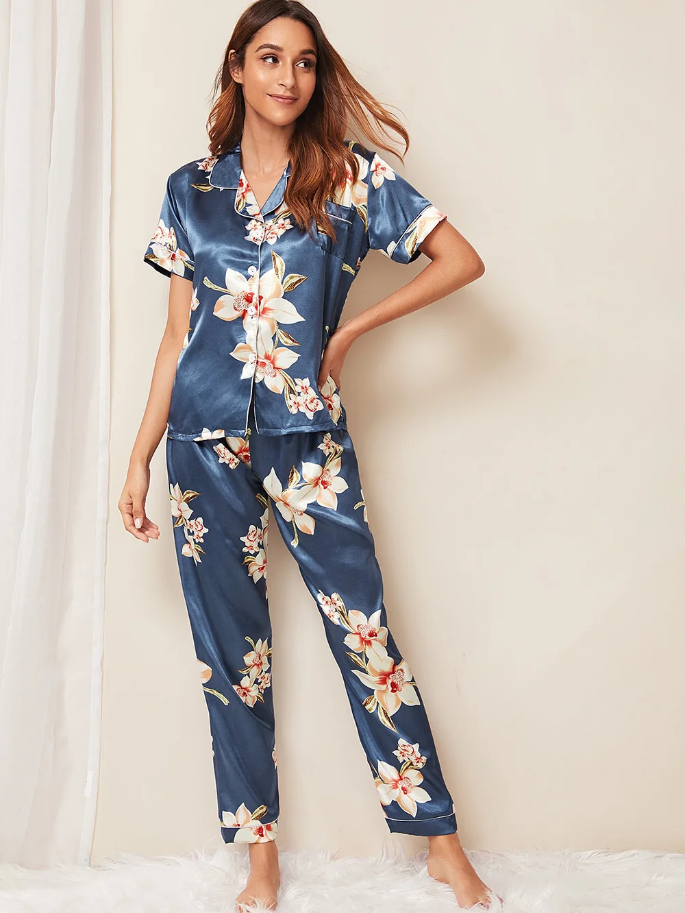 

Women Floral Print PJ Set Satin Turn-down Collar Contrast Piping Pajamas Sleepwear Short Drop Shoulder Sleeve and Long Pants