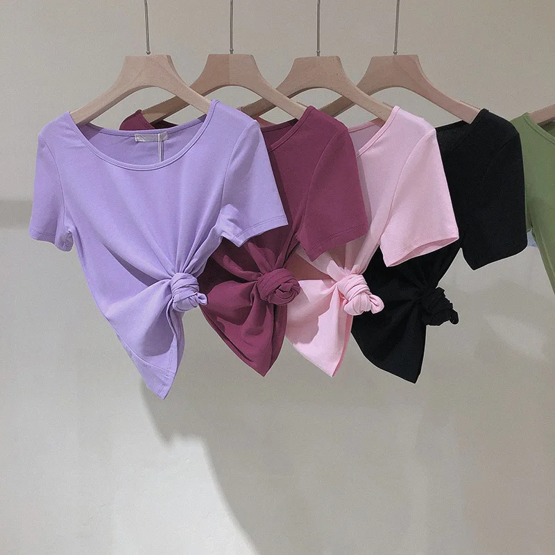 

2021 summer pure cotton top short sleeve T-shirt women's slub cotton loose air women's Spring/Autumn