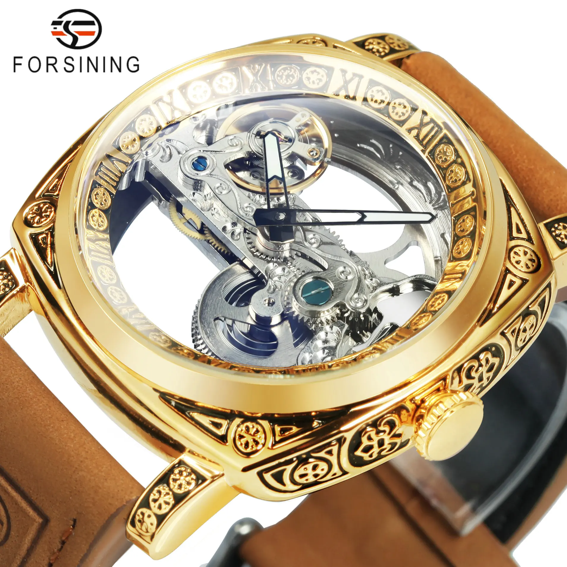 

Forsining Fashion Square Skeleton Watch for Men Carved Case Automatic Mechanical Watches Luminous Hands Luxury Leather Strap New