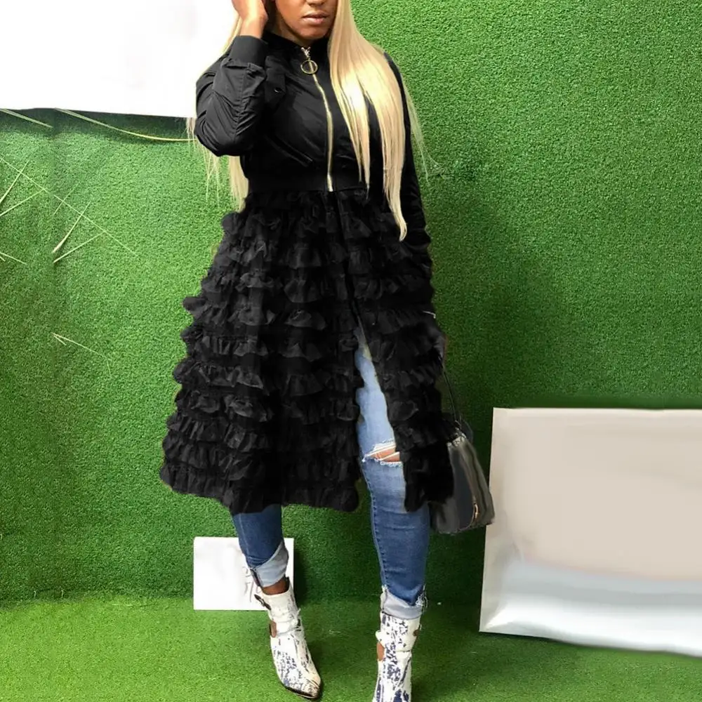 

Fashion Zipper Coat Long Sleeve Autumn Women Jacket New Lacework Mesh Midi Dress