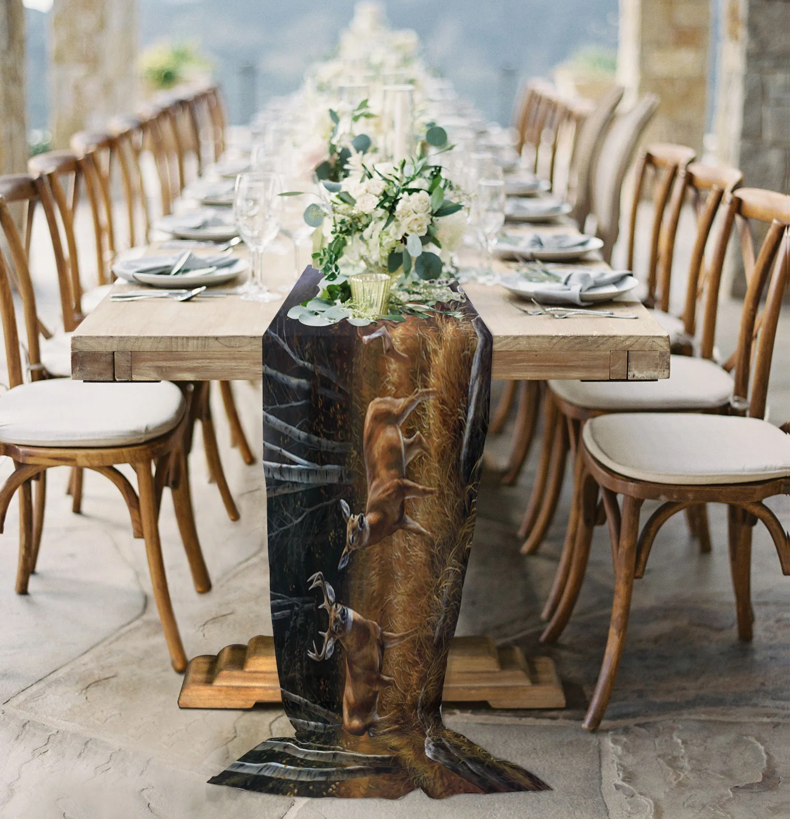

Autumn Forest River Animal Deer Sheer Chiffon Table Runner Wedding Party Birthday Luxury Voile Tablecloth Home Decoration