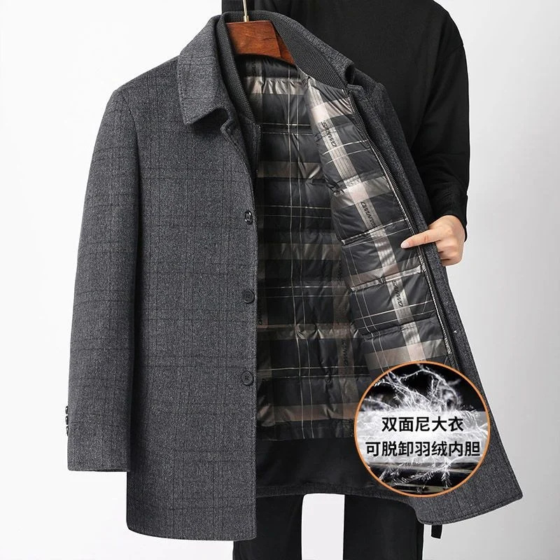 

Осенне-зимнее твидовое пальто со съемной двусторонней подкладкой, шерстяное пальто средней длины для мужчин среднего возраста и пожилых людей