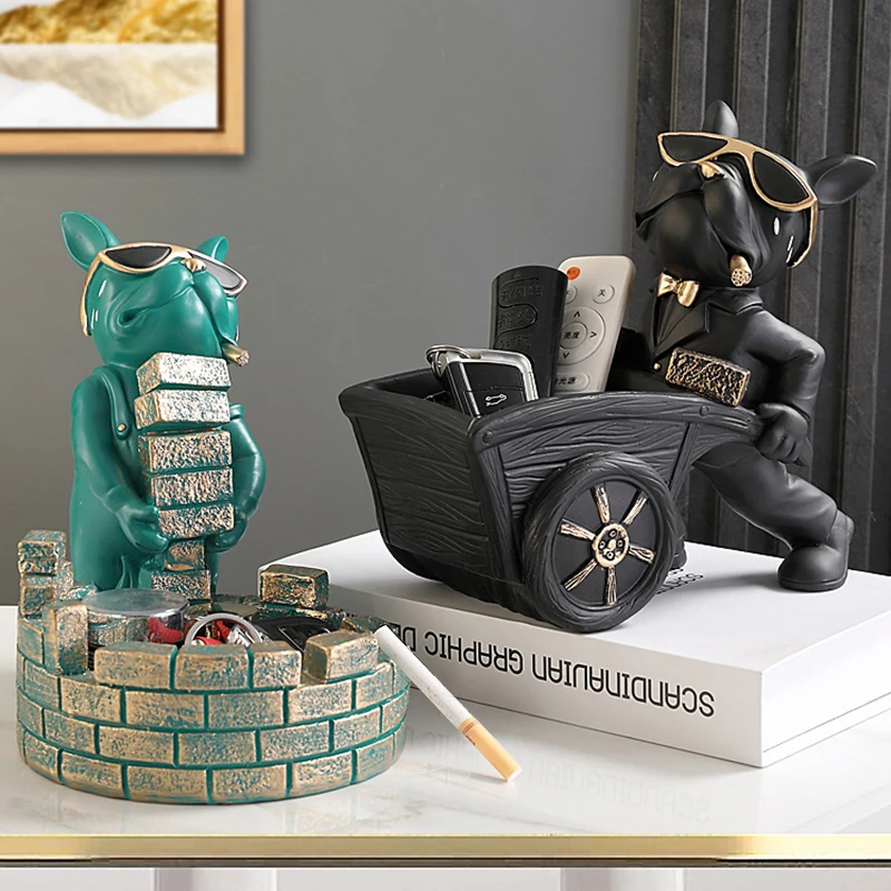 

Dog Ornament with Tray French Bulldog Butler Storage Resin Sculputre Figurine Décor Gift Table Live Room Coin Piggy Bank Tray