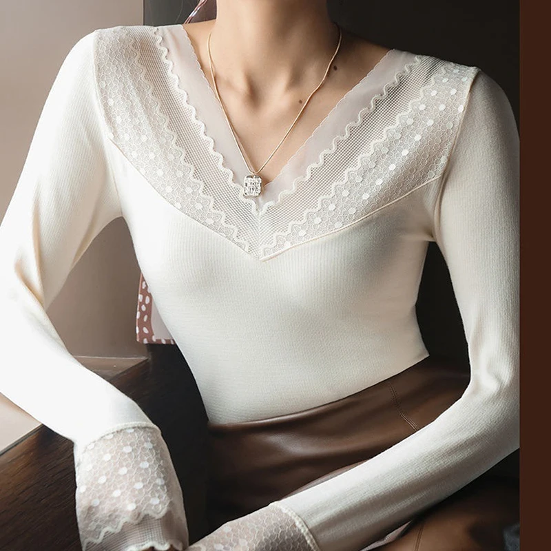 Womens Thermal Underwear Set Basic Lace Dots Pullover Intimate 2022 Autumn Winter Long Sleeves Deep V Neck Seamless Shaper