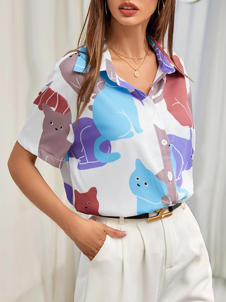 

Summer Chiffon Printing Shirts Women Casual Animal Loose Elegant Shirt Female Designer Fashion Temperament Holiday Shirts 2022