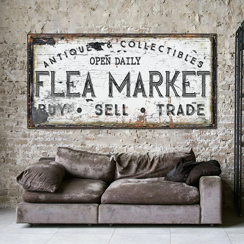 

Vintage Flea Market Sign Old Time Print Art Canvas Poster For Living Room Decor Home Wall Picture