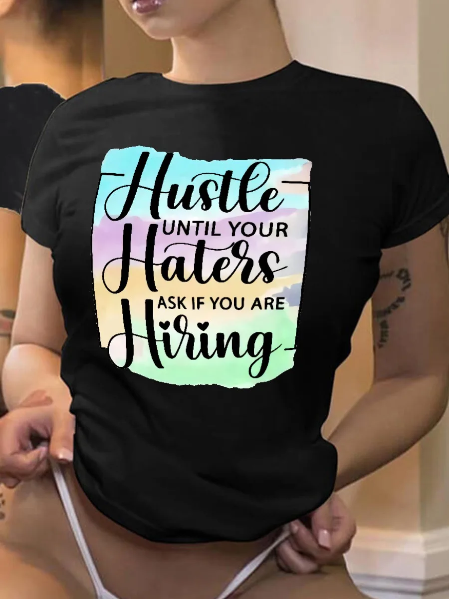 

LW Tie-dye Hustle Letter Cute Cartoon Print T-shirt Women Simple Short Sleeve Crew Neck Tee Casual Stretch Top Summer Clothings