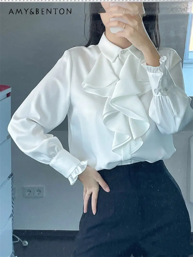 

Women's New Spring Elegant Solid Color Tops Commuter Laminated Decorative Long-Sleeved Lapel Satin Shirt Camisas De Mujer