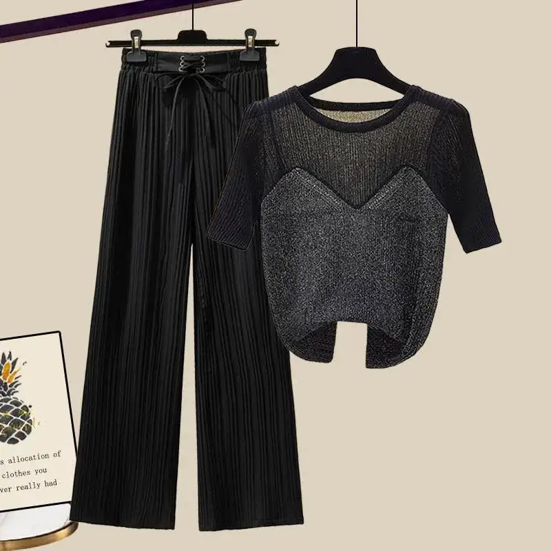 

Casual pants suit women's large size 2022 summer new fashion short-sleeved t-shirt high-waisted wide-leg pants two-piece set