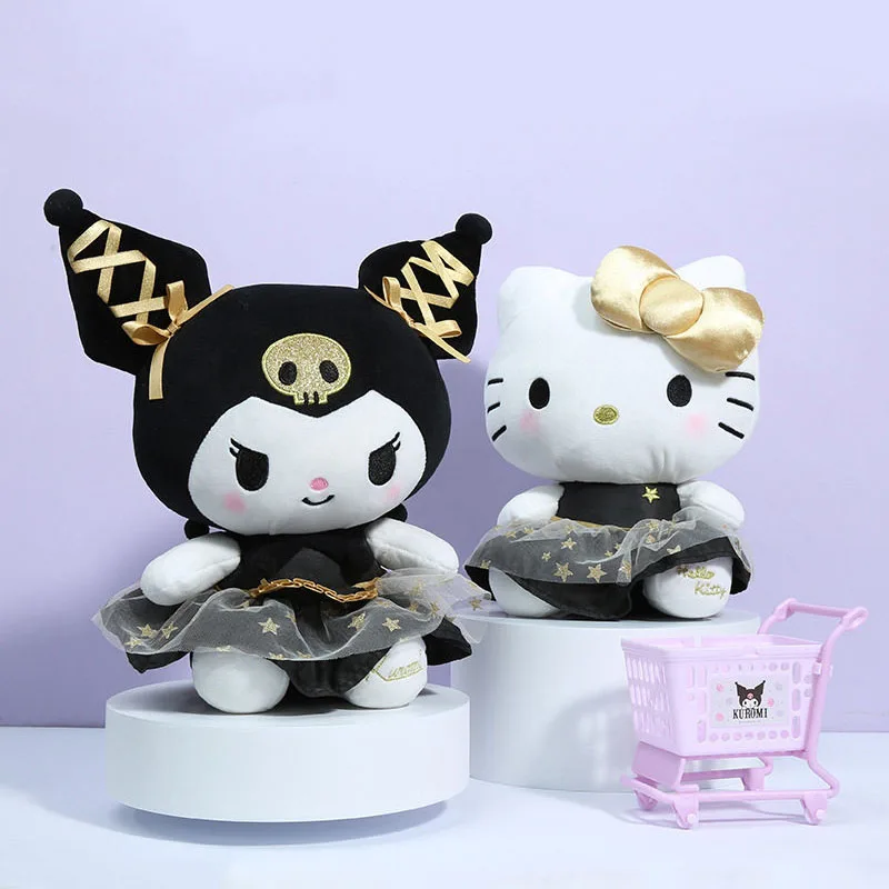 

Kawaii Cartoon Sanrios Black Gold Series Kuromi Hellokittys Wearing Black and Gold Dress Super Cool Plush Doll Toy for Girl Gift