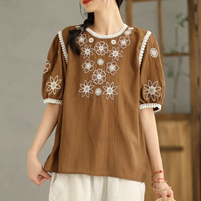 

Cotton Linen Crewneck Embroidered Lace Puff Sleeve Women Blouse Shirt Loose Tops Casual Boho New for Summer 2023