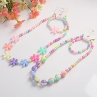 2pcsset candy color beads jewelry cute flower bow strawberry necklace bracelet sets for kids party jewelry girl birthday gift