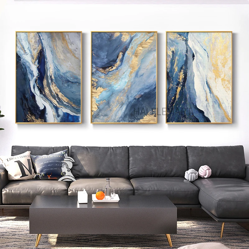 

Modern Abstract Gold Foil Lines Blue Canvas Art Paintings For Living Room Posters And Prints Nordic Home Decoration Pictures