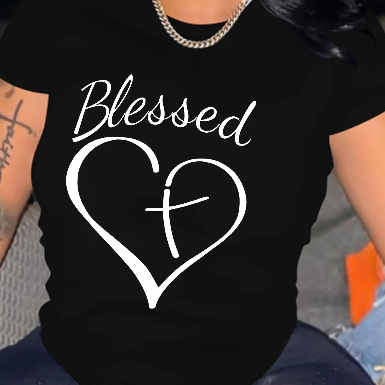 

Women's Blessed Heart & Cross Print T-shirts Clothes Harajuku Girls High Quality Cotton Letter Print Short Sleeves Loose Summer