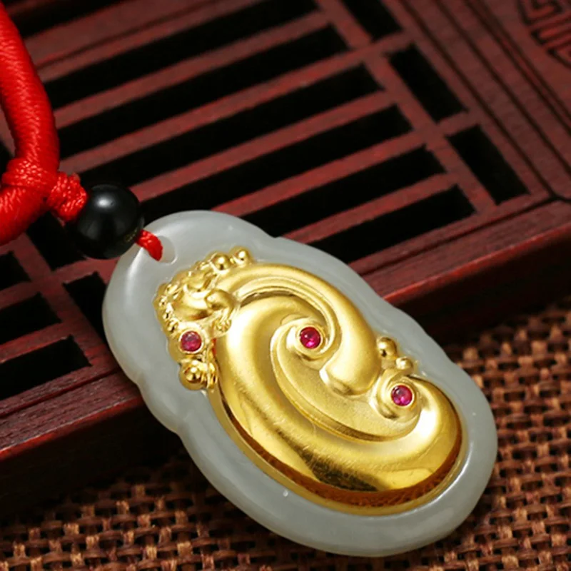 

Fine 24K Yellow Gold Pendant Lucky Ruyi With Red Gemstone Natural Jade Pendant Men and Women Lover Gift