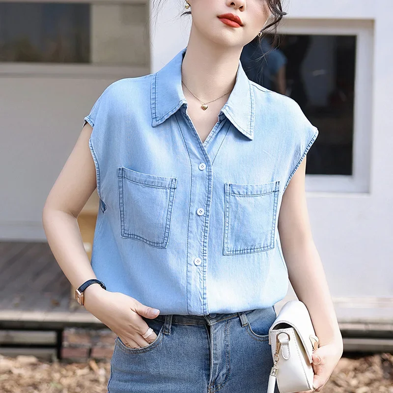 2024 винтажный джинсовый инвестирующий легкий хлопковый топ Женская летняя