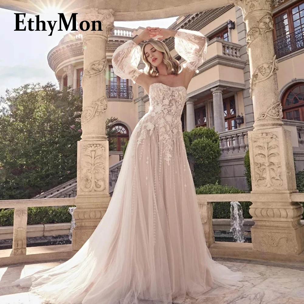 

Этимоновое очаровательное свадебное платье А-силуэта для невесты с пышными рукавами сердечком с цветочной аппликацией с открытой спиной свадебное платье на заказ