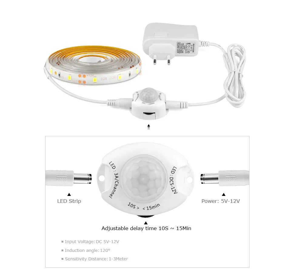 Wireless PIR Motion Sensor LED Strip Lights 12V Waterproof Auto on/off Closet Kitchen Cabinet LED Light lamp Tape Home Decorate