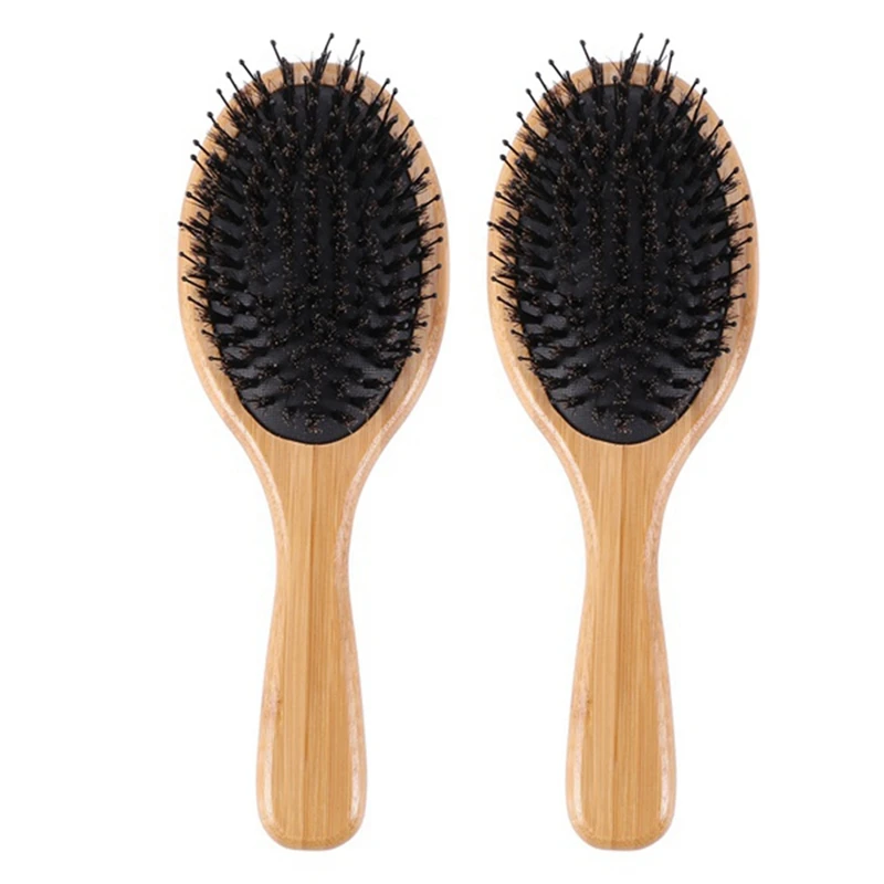 

2 Pcs Brush Boar Bristle Hair Brush With Nylon Pins Bamboo Paddle Detangler Brush Detangling Adding Shine Brushes Daily