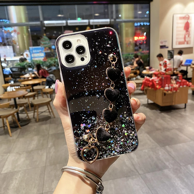 Luxury Glitter Love Heart Plush Bracelet Case For Samsung Galaxy S22 S21 S20 S10 Lite Plus Ultra FE Note20 A13 A23 Wrist Cover