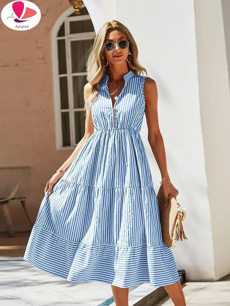 APIPEE женское винтажное летнее платье-рубашка в стиле бохо без рукавов