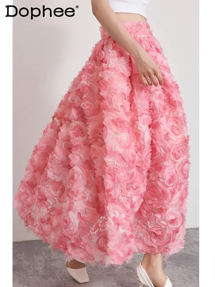Pink Roses Three-Dimensional Floral Gauze Skirt Women 2023 Spring Summer Skirts New Romantic French Style Bubble Skirt Holiday