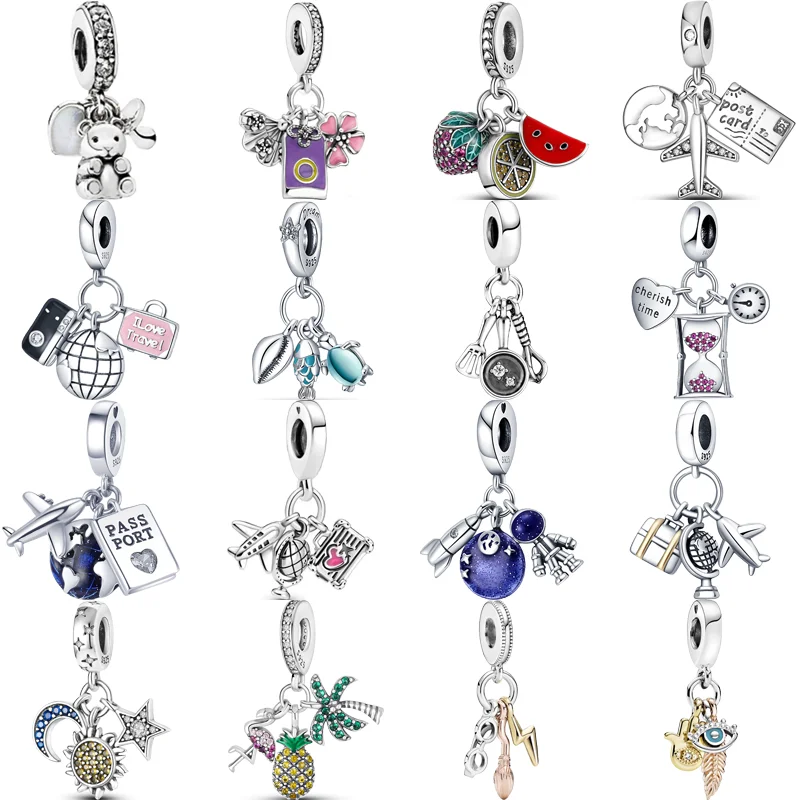 

925 Silver Timepiece Hourglass Airplane Earth Travel Stars Moon Sun Pendant Beads Fit Original Pandora Charms Bracelet Jewelry