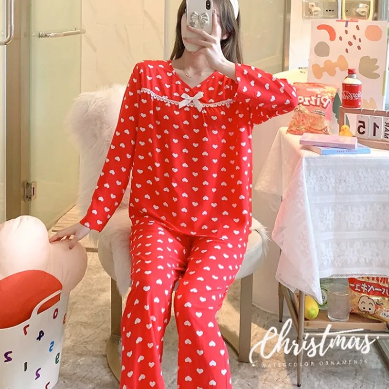 Spring Autumn Ladies Long Sleeves Nightdress Cotton Silk Trousers Sleepwear Lace Women Lounge Pajamas Set Pullover