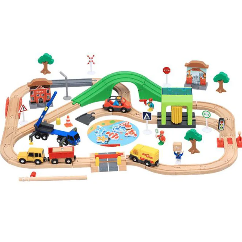 

Wooden Track Train Set Children Educational Toys Compatible With Thomas Train Tracks Car Wash Wood Railway Toy For Kids Gift