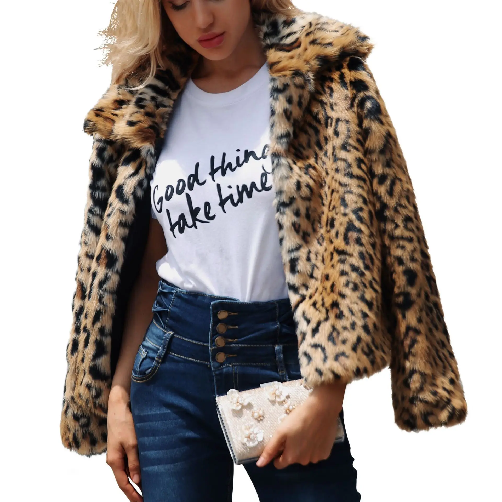 Women's Fur Jacket Fashion Leopard Print Imitation Fur Turn-down Collar Coat Female Autumn and Winter Plush Faux Fur Coat