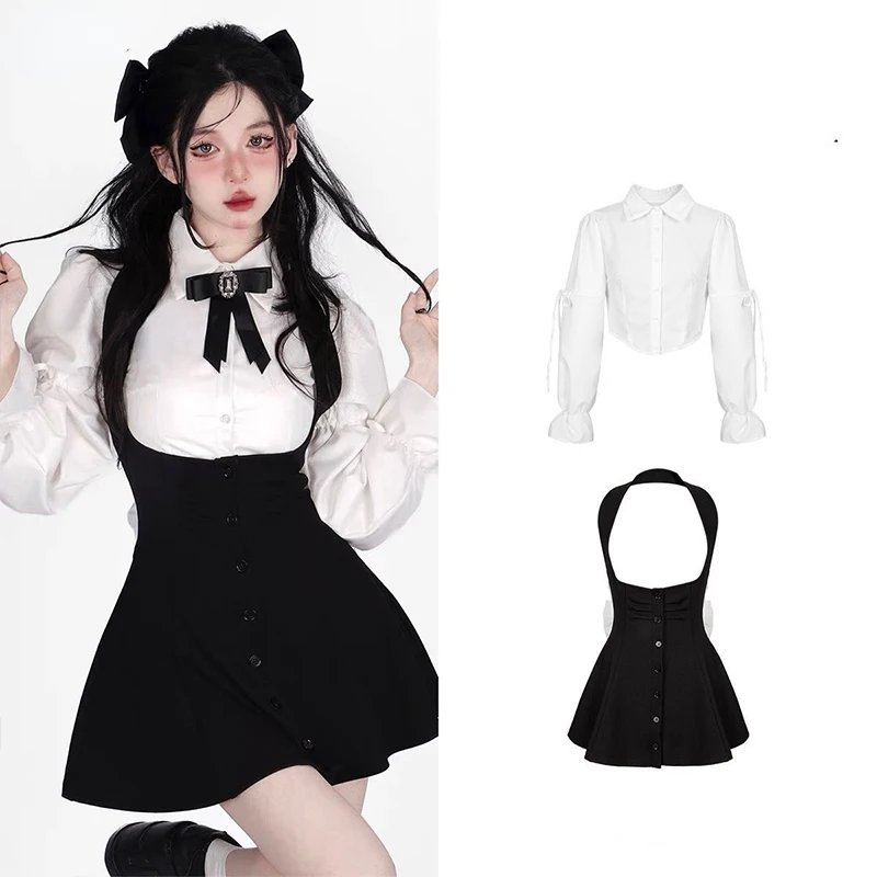 

2023 Summer Sweet Two Piece Set for Women Long Sleeve White Shirts + Y2k Mini Dress Female Kawaii Clothing Korean Fashion Suits